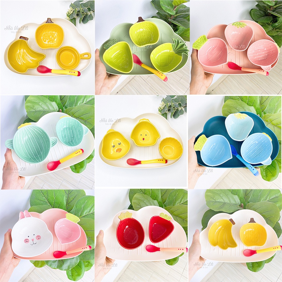 Set bát sứ ăn dặm cho bé dễ thương, bát ăn dặm size nhỏ kèm khay mây và muỗng silicon