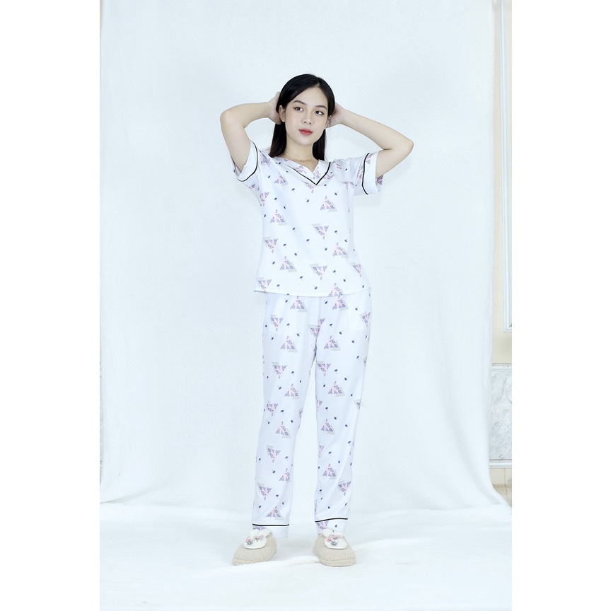 [HÌNH THẬT 100%] Bộ đồ Pijama nữ dài họa tiết NỀN TRẮNG KEM CỔ TIM - vải siêu lụa cao cấp - Cực Kì Sang Chả