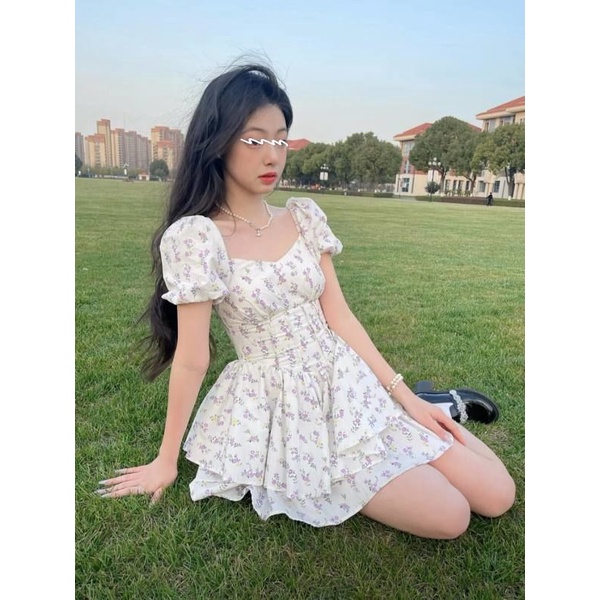 Đầm Hoa Tay Phồng Cổ Bẻ Thiết Kế Mới Thời Trang Mùa Hè Cho Nữ