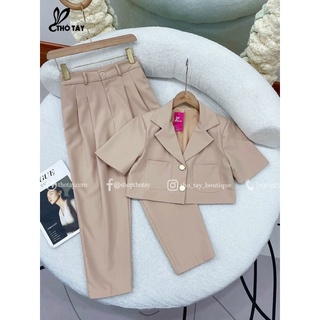  Bộ vét nữ tay ngắn quần lưng  kiểu dáng trẻ trung set vét nữ crottop 