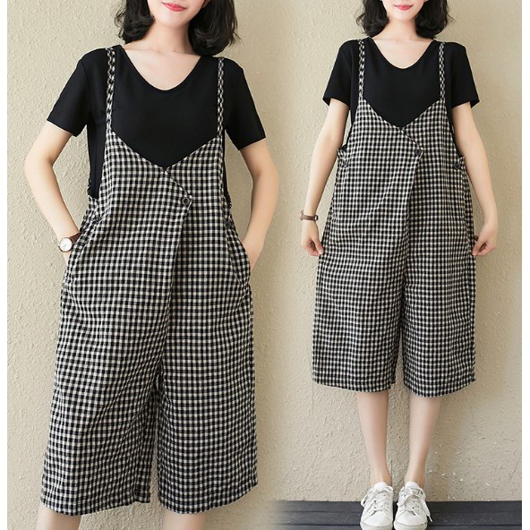 G1021 Quần yếm big size freesize họa tiết kẻ caro nhỏ dây bản nhỏ thiết kế trẻ trung | BigBuy360 - bigbuy360.vn