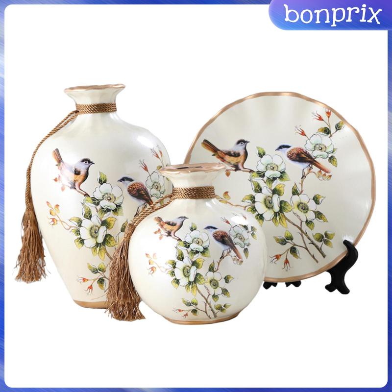 Bộ 3 Lọ Hoa Sứ Họa Tiết Chú Chim + Giá Đỡ Độc Đáo Trang Trí Nhà Cửa