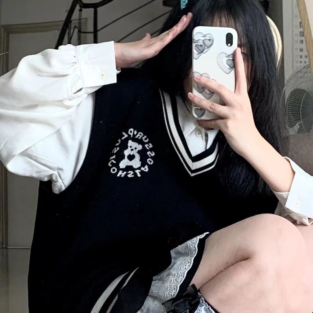 Set Áo Len Không Tay Cổ Chữ V Dáng Rộng + Áo Khoác Ngoài Thời Trang Mùa Thu Theo Phong Cách Hàn