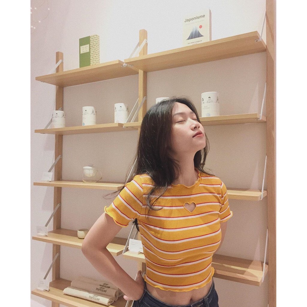 siêu phẩm các màu áo sọc màu cut out tim viền biên siêu cute