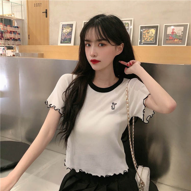 Áo Croptop Ngắn Tay Cổ Tròn Xinh Xắn Theo Phong Cách Hàn Quốc