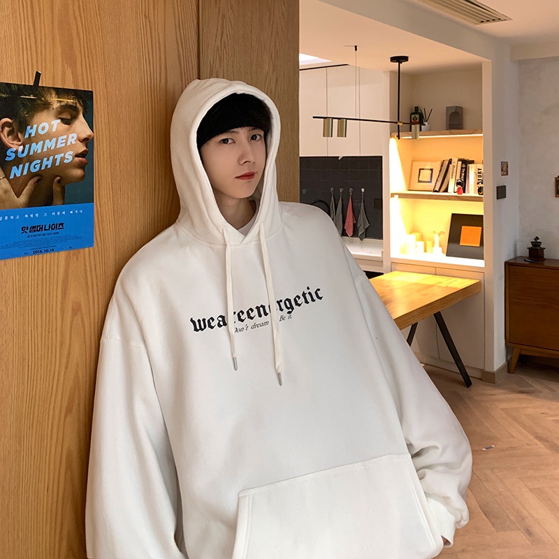 Áo hoodie tay dài dáng rộng in chữ phong cách Hàn Quốc thời trang thu đông cho nam