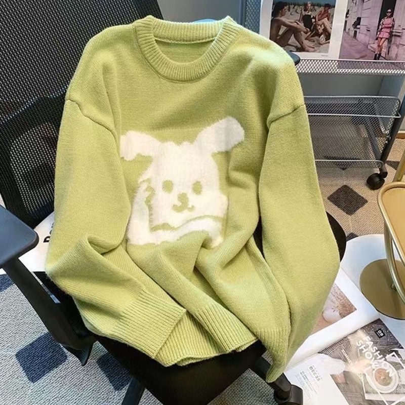 Áo Sweater Dệt Kim Tay Dài Cổ Tròn Dáng Rộng In Hoạt Hình Kiểu Retro Thời Trang Mùa Thu