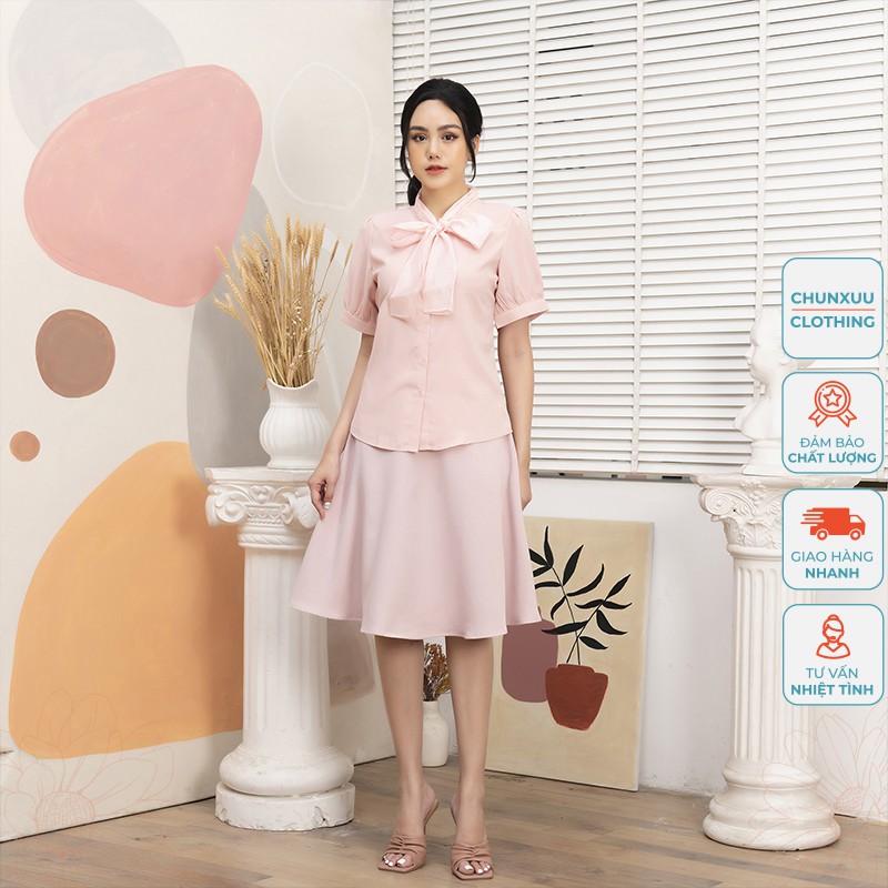 Áo sơ mi trắng nữ Chunxuu thắt nơ tay ngắn thời trang chất vải đẹp - SP01