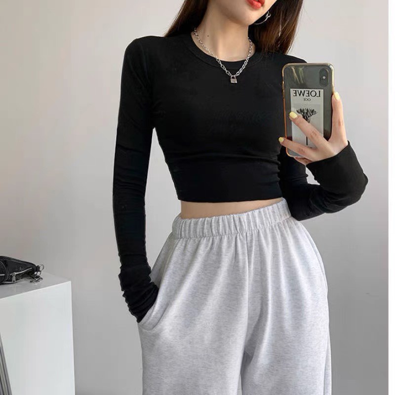 Áo Croptop Dài Tay ôm Body Màu Trơn Chất Bo Tăm Cá Tính