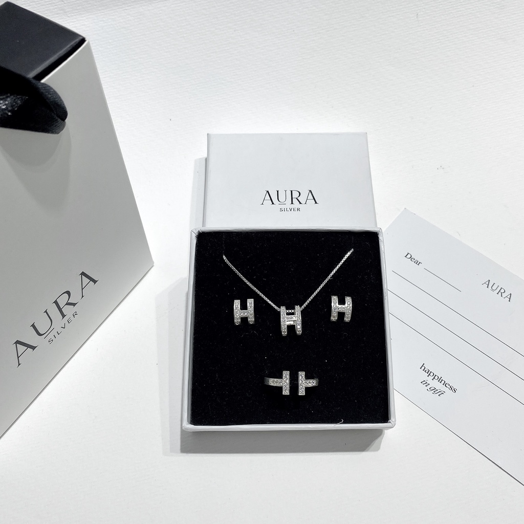 Set dây chuyền khuyên tai nhẫn chữ H Aura Silver