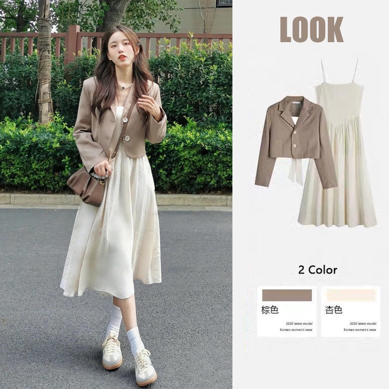 BUBBLE POP Bộ vest dài tay Hàn Quốc + Bộ váy Plus size M-3XL Bộ quần áo công sở Trang trọng Bộ quần áo mùa thu nữ Áo khoác vest thắt nơ + Đầm hai dây có dây đeo
