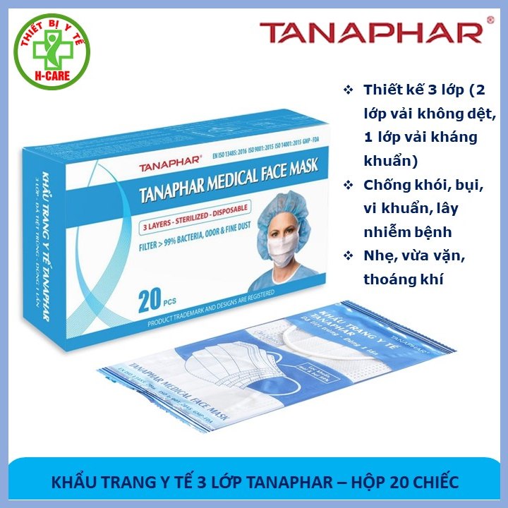 Khẩu Trang Y tế 3 Lớp Màu Trắng Tanaphar tiệt trùng, ngăn khói, bụi, vi khuẩn, tách riêng từng chiếc [HiBaby Plus]