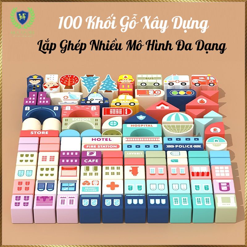 Đồ chơi gỗ xếp hình mô hình thành phố bằng gỗ tự nhiên Cao cấp, đồ chơi giao dục sớm cho bé, AKA Store