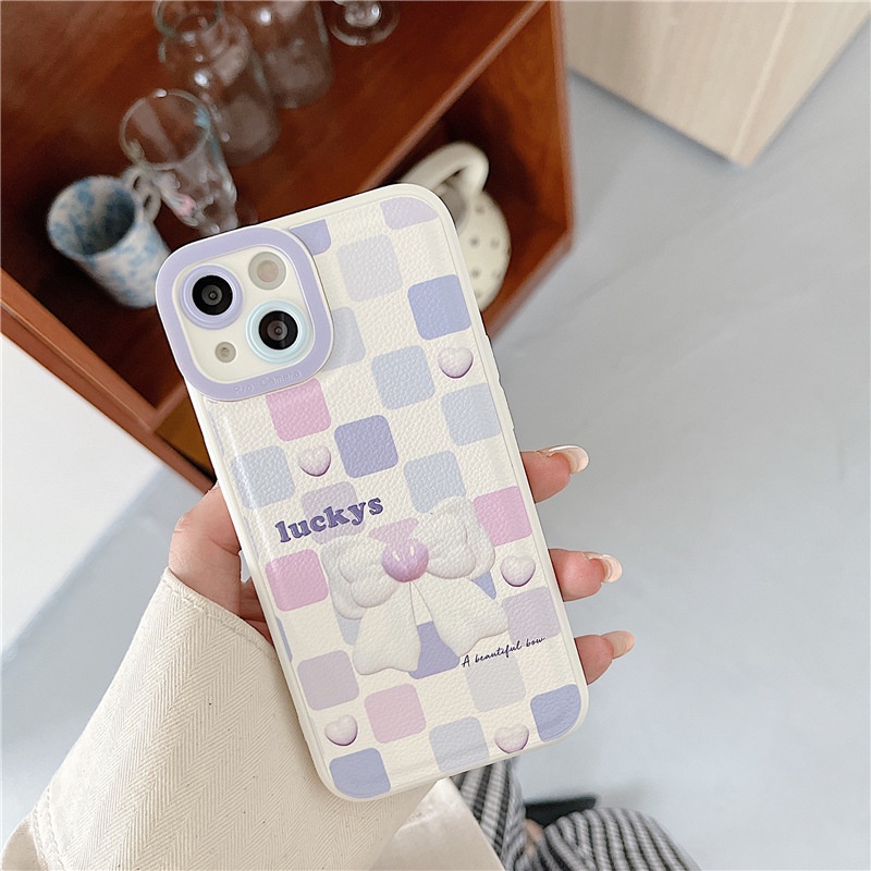 Ốp lưng iphone Bao Da Điện Thoại Màu Trơn Đính Nơ Cho iphone7 7plus 8 8plus xs 11 12 13 pro max plus max promax Dinuo case