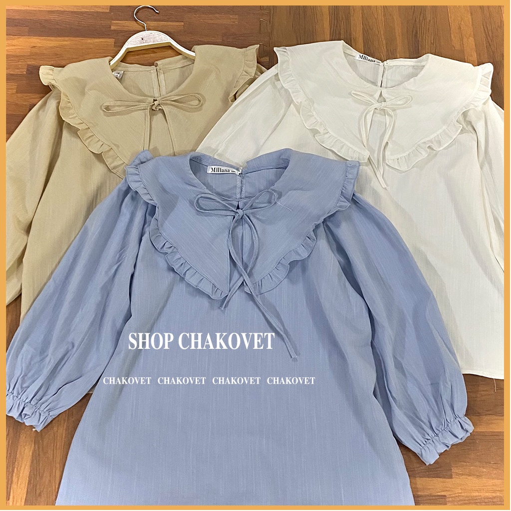 Áo kiểu nữ hàn quốc bánh bèo CKA880, sơ mi nữ tay lỡ cổ bèo buộc nơ tay bo chun thích hơp mặc đi làm đi học | BigBuy360 - bigbuy360.vn