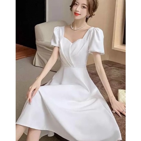 ĐẦM VÁY THỜI TRANG NỮ DẠ HỘI CỔ TIM XẾP LY TAY NGẮN CÓ ĐÍNH CƯỜM
