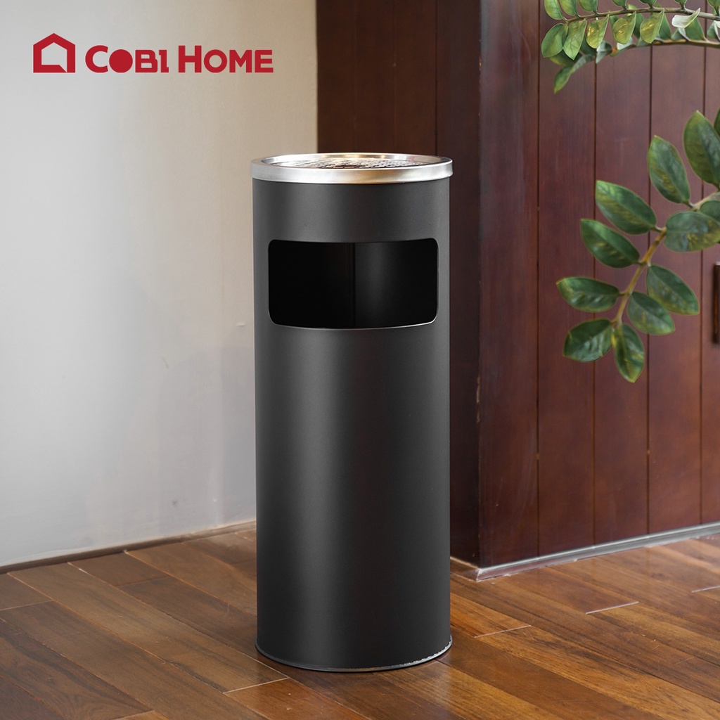 Thùng rác inox dạng tròn có gạt tàn cho nhà hàng khách sạn tòa nhà văn phòng quán cafe - COBI HOME