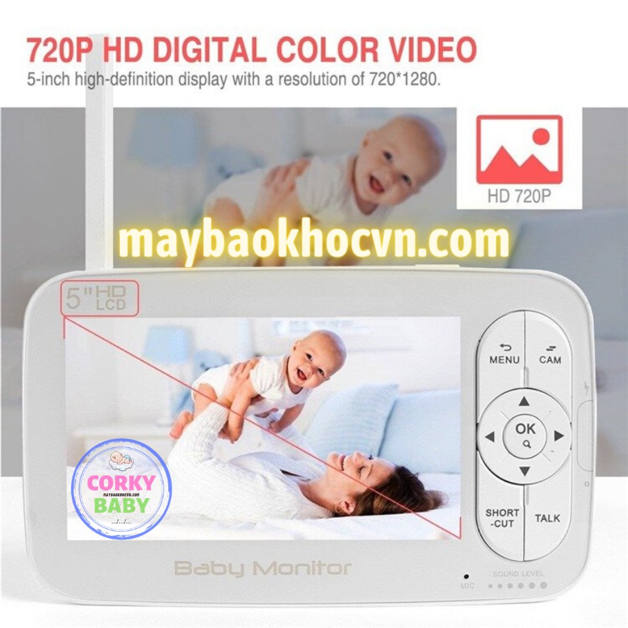 Máy báo khóc Corky Baby MBK801 – 5.0inh. Siêu Phẩm tầm nhìn bao quát với camera xoay 360