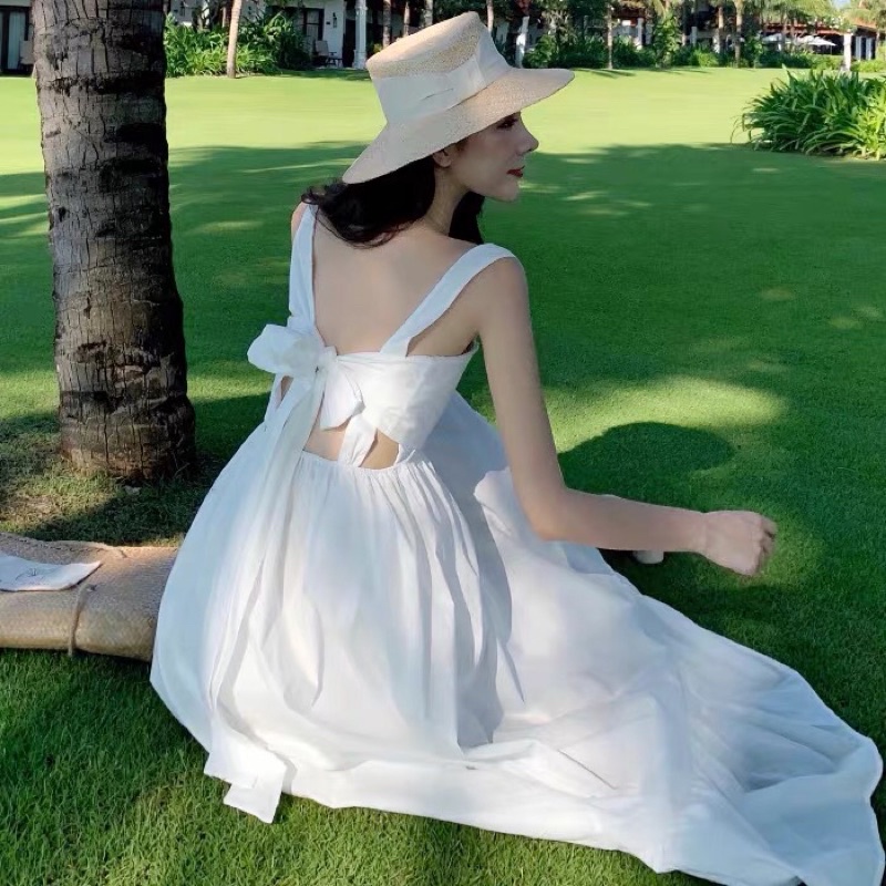Đầm maxi dài hở lưng đi biển hot trend, Váy 2 dây bản to dáng dài màu trắng, đen đi biển đẹp Maitrangshop92 (TTA98)
