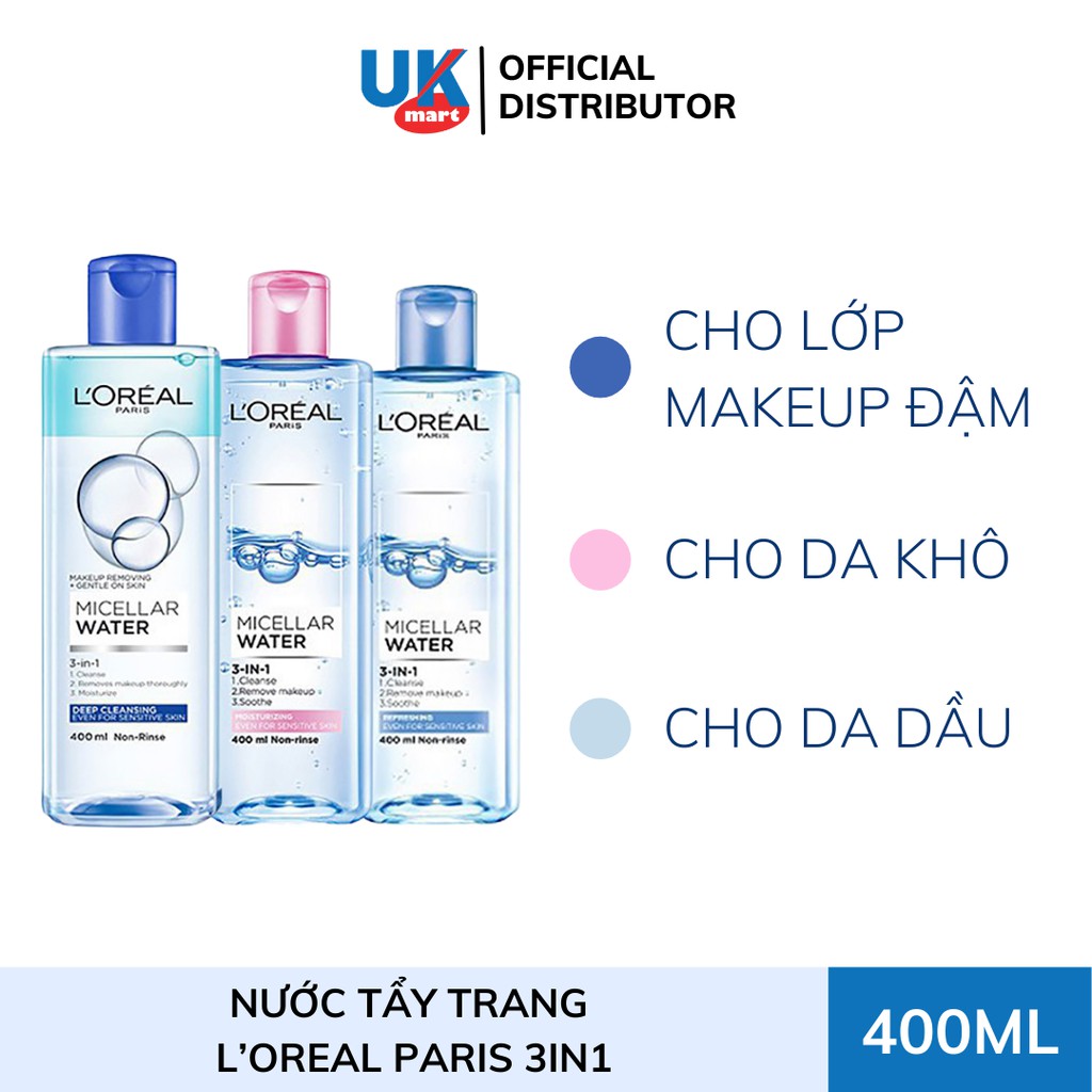 Nước Tẩy Trang L'Oreal Paris Cho Mọi Loại Da 3-in-1 Micellar Water Da Dầu Da Nhạy Cảm Da Khô