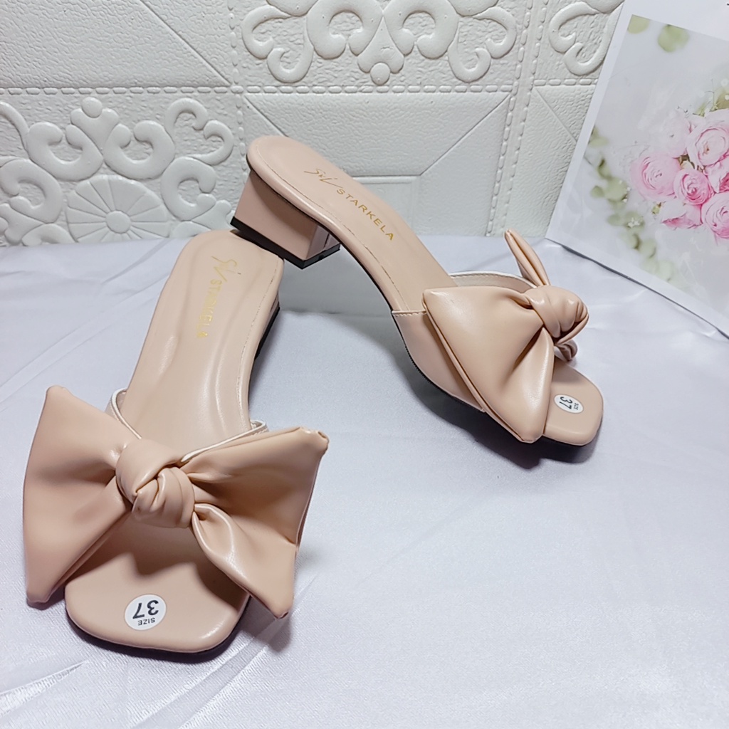 Guốc nữ Cao Gót vuông 3cm mũi hở-Dép cao gót quai ngang thắt nơ phồng to mã GNP MINHTUYETSHOES