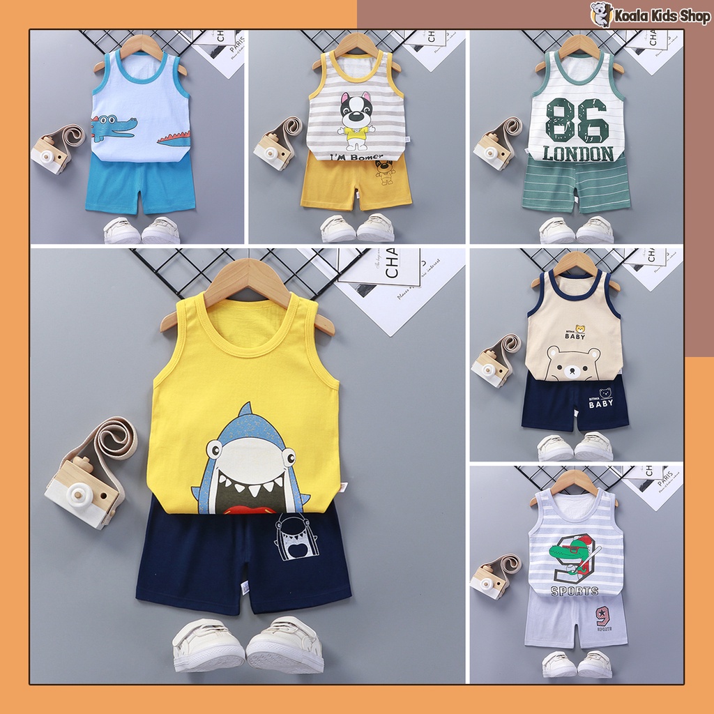 Đồ bộ ba lỗ chất cotton bé trai Quần áo cộc tay mùa hè trẻ em từ 2-7 tuổi