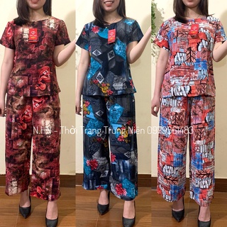 Bộ đồ trung niên lụa hàn châu loại 1 siêu mịn, không nhăn, không co áo cộc quần dài cho người trung tuổi
