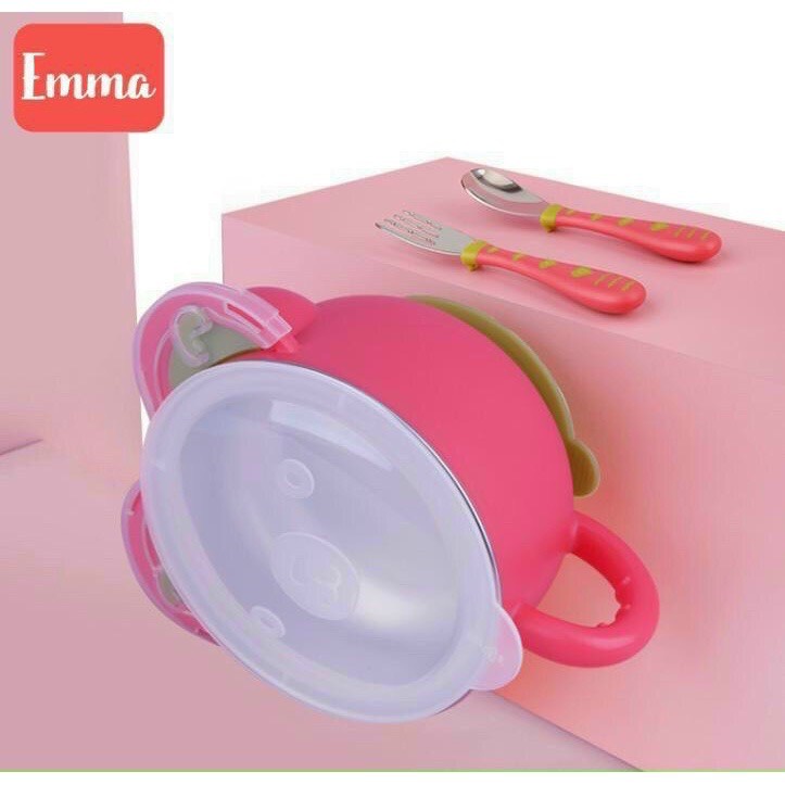 XẢ KHO - GIÁ TỐT - Bộ Bát Ăn Dặm có nắp, thìa, nĩa, đế hút chân không chống đổ đa năng Emma Kids Cho Bé