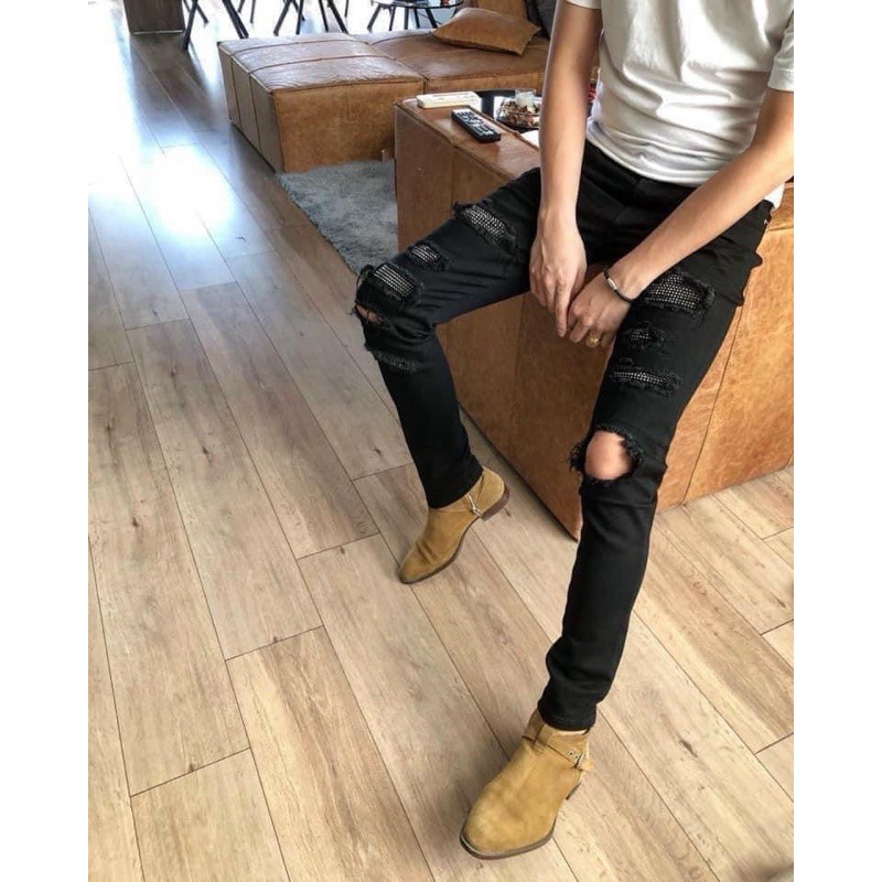 Quần bò nam đen rách đính đá, quần bò đen ốn đứng rách gối chất co dãn hàng spf.