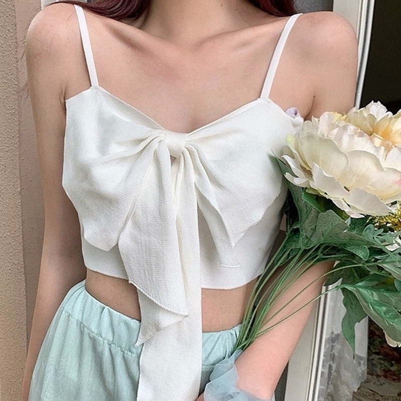 Áo hai dây GENAISHA dệt kim dáng ôm thắt nơ điệu đà thời trang Hàn Quốc cho nữ