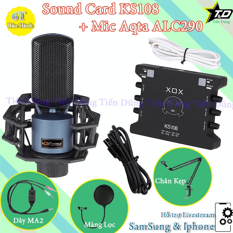 Combo mic livestream karaoke Aqta ALC290 và sound card XOX KS108 bản tiếng anh đi kèm chân kẹp màng lọc dây MA2