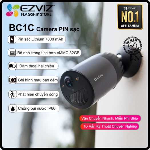 Camera IP Wifi không dây ngoài trời Dùng Pin Sạc in EZVIZ CS-BC1C Full HD 2MP + tấm pin mặt trời CS-CMT-Solar