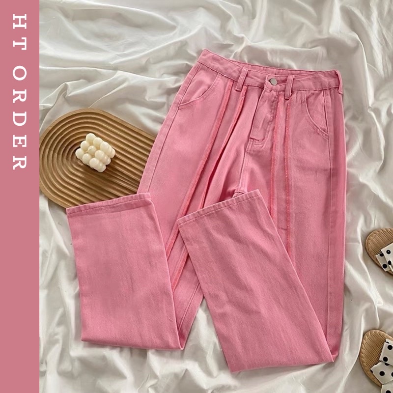ORDER_ Quần Jeans Hồng 2 Sọc Cá Tính