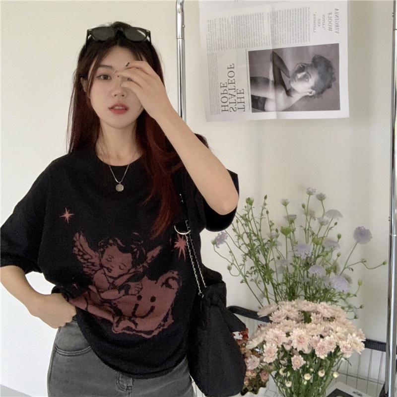 SUXI Áo Thun Nữ Ngắn Tay Cổ Tròn In Hình Thiên Thần Phong Cách Thể Thao