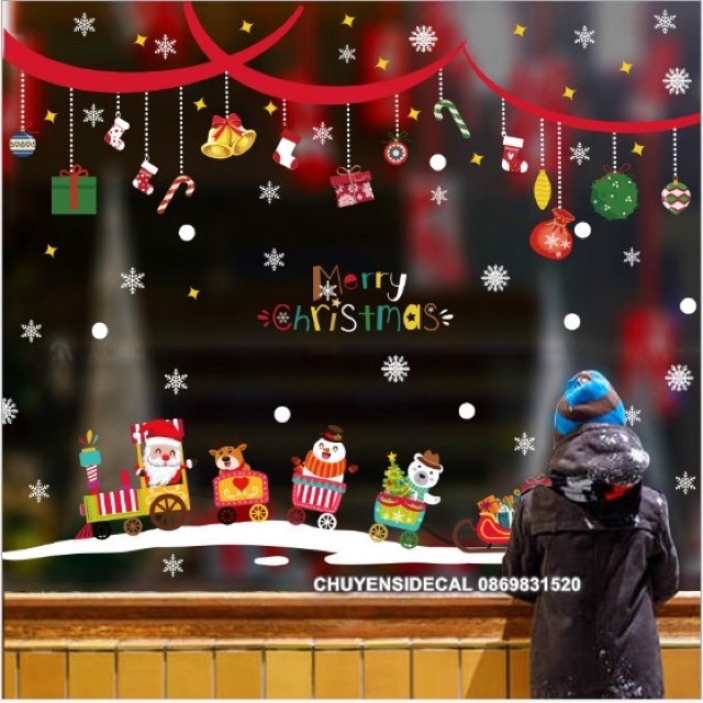 Decal dán tường Noel - Rèm đỏ phối đoàn tàu xinh