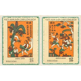 Tem thư Tranh dân gian Đông Hồ (Hứng dừa và Đánh ghen)
