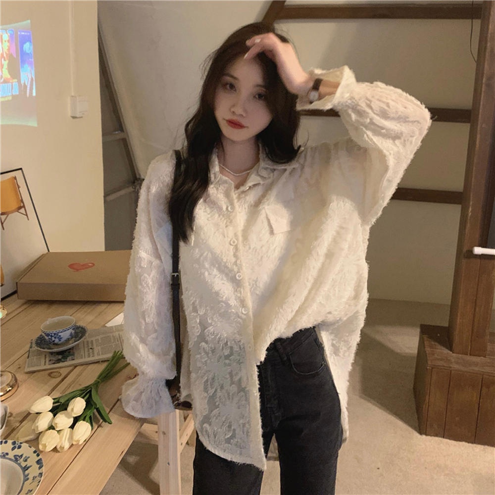 Áo Sơ Mi Tay Dài Dáng Rộng Phối Ren Thời Trang Mới 50454