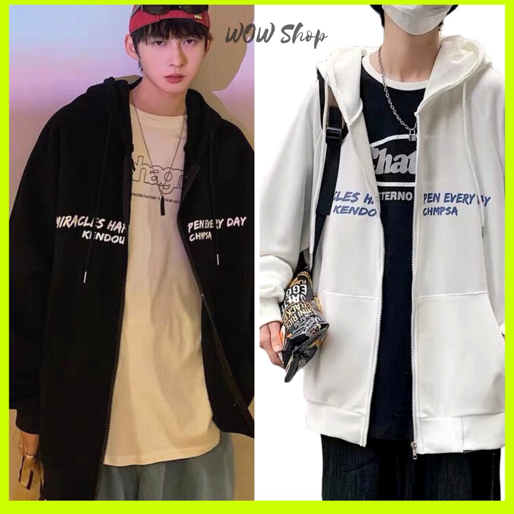 Áo khoác thun nỉ (có ảnh thật) trắng đen in chữ xanh khóa zip, Áo khoác from rộng phong cách hàn quốc tay phồng unisex