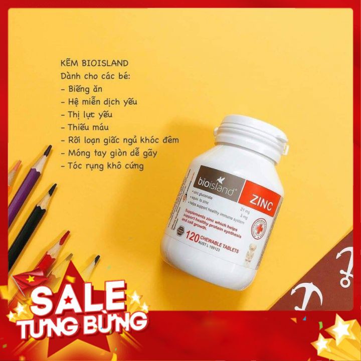 Viên bổ sung kẽm Zinc Bioisland 120 viên cho bé từ 1 tuổi - xuất xứ Úc [Date 9/2023]