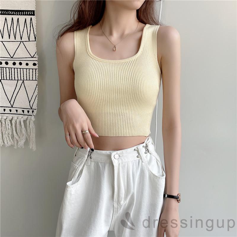 Áo croptop dệt kim không tay màu sắc tùy chọn đơn giản cho nữ