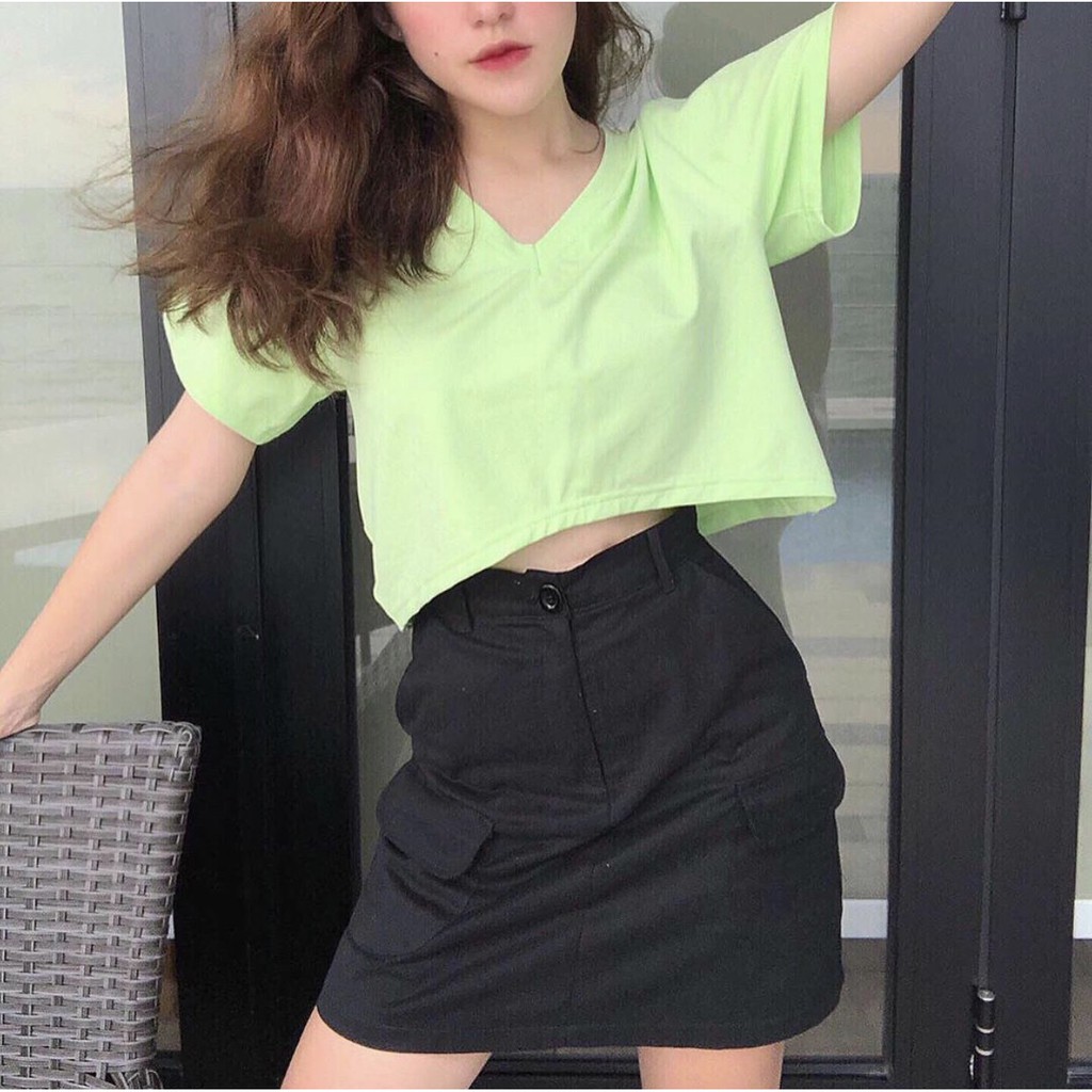 Áo croptop trơn cổ tim thun mềm mát