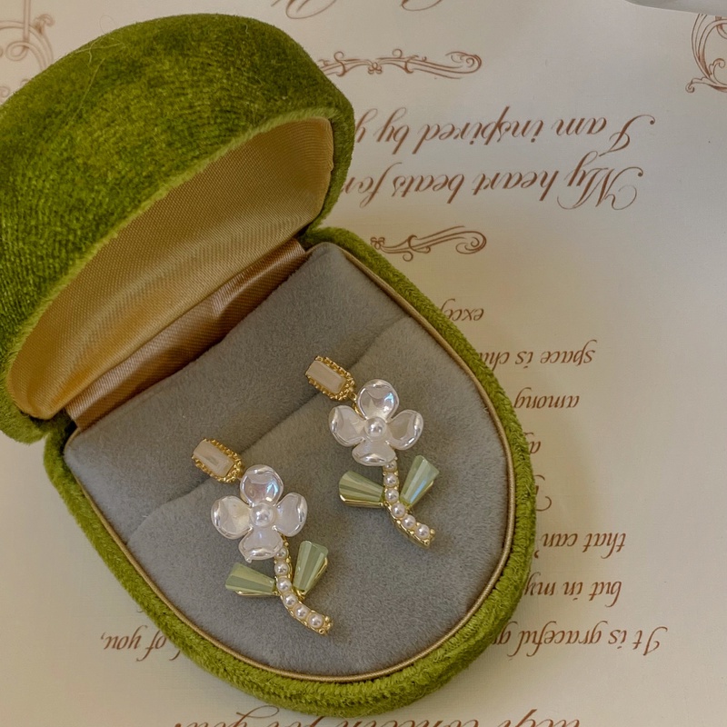 Bông Tai Mạ Bạc 925 Hình Hoa tulip Đính Ngọc Trai Ngọt Ngào Cho Nữ