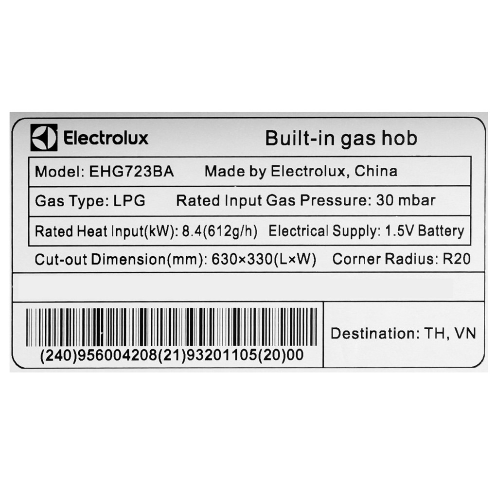 Bếp gas âm Electrolux EHG723BA ( MỚI 100% , Tặng Kèm VAN DÂY NGẮT GAS TỰ ĐỘNG ) bảo hành 24 tháng