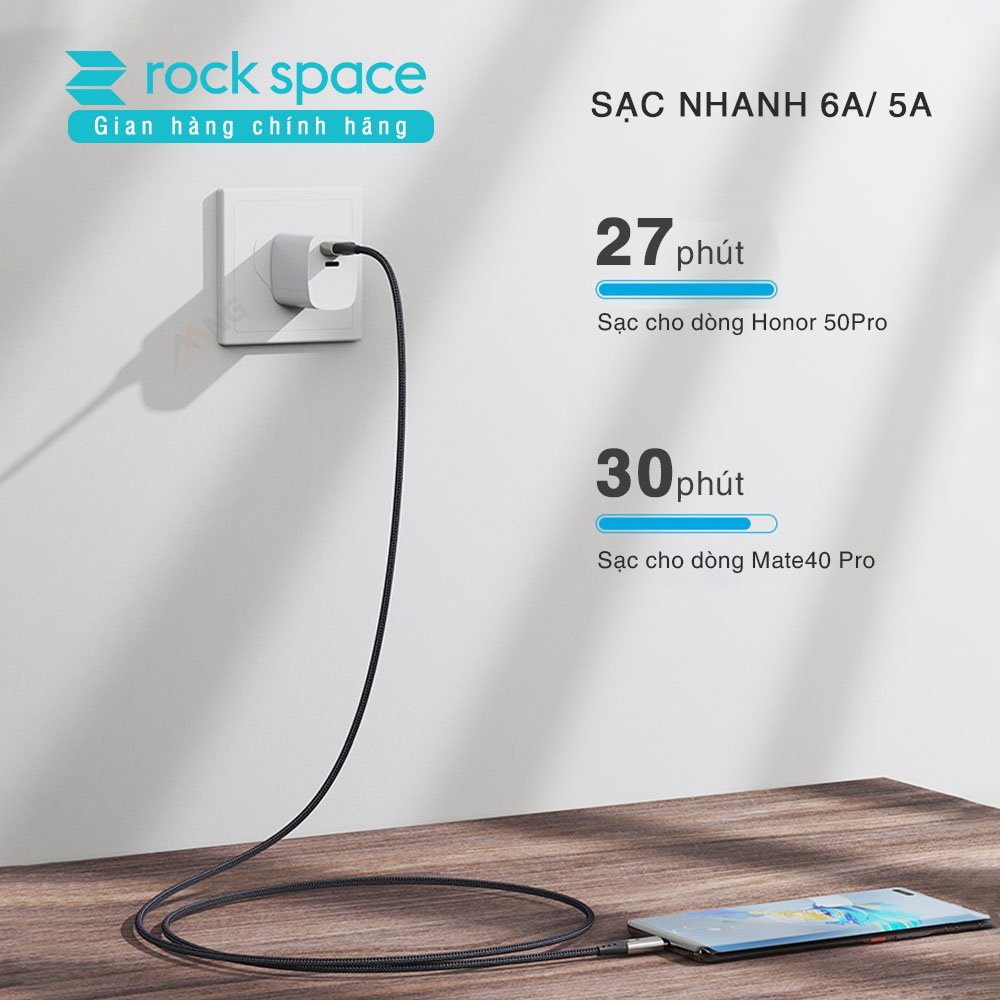 Dây cáp sạc nhanh TypeC Rockspace M1 dây dù sạc nhanh 6A cho samsung oppo, độ dài 1m, hàng chính hãng bảo hành 12 tháng