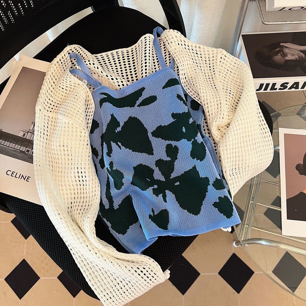 Bộ Áo Dệt Kim Hai Dây + Áo Khoác Dệt Kim Họa Tiết Hoa Màu Sắc Tương Phản Xinh Xắn