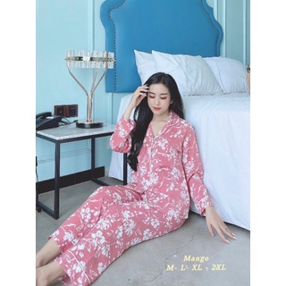 Size XXL bộ pizama lụa mango cổ thường tay dài quần dài bigsize