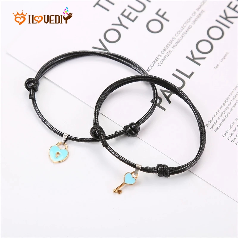 Set 2 Vòng Tay Bện Dây Mặt Hình Ổ Khóa Trái Tim/Chìa Khóa Thời Trang Cho Cặp Đôi