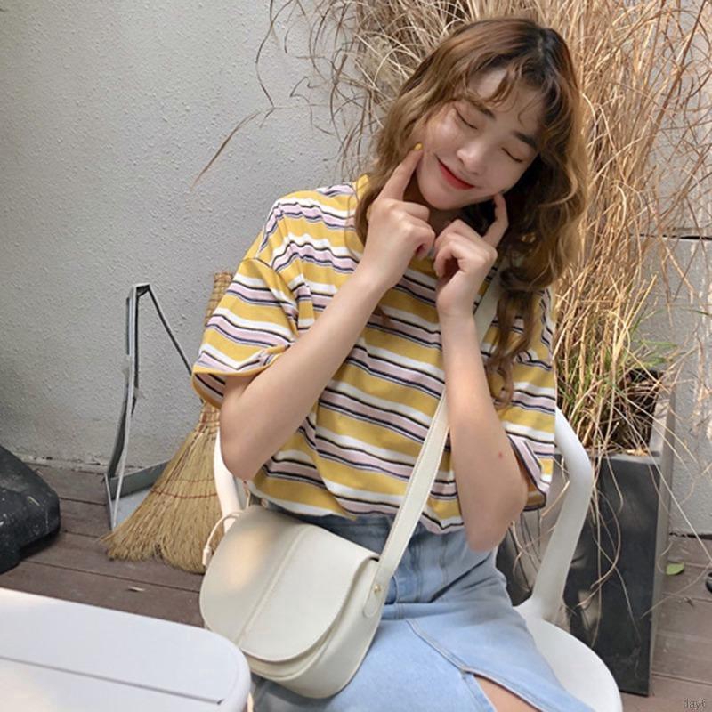 Áo thun nữ tay ngắn cổ tròn họa tiết sọc ngang màu thời trang phong cách Hàn Quốc