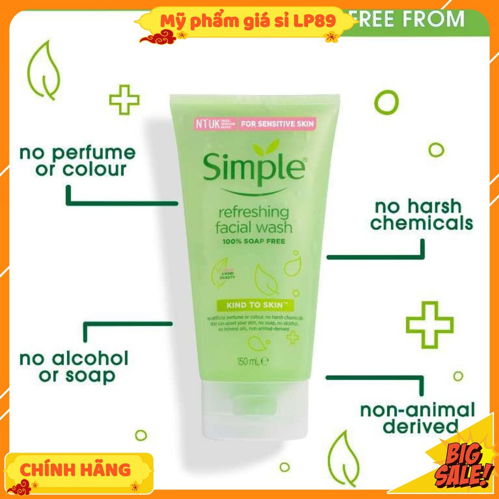 sữa rửa mặt simple, Sữa Rửa Mặt Simple Gel Kind To Skin Refreshing Facial Wash Gel