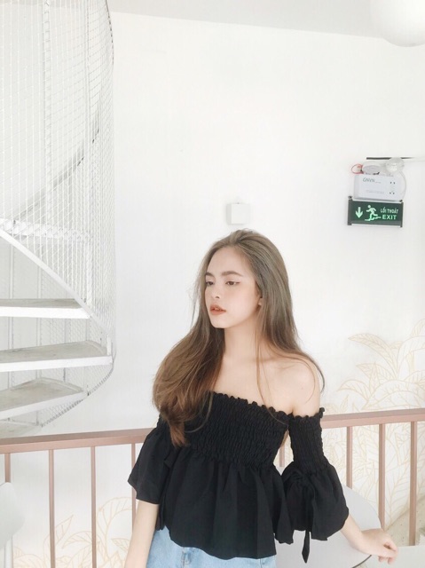 Áo nhún tay loe nơ - 2 màu đen&amp; cam